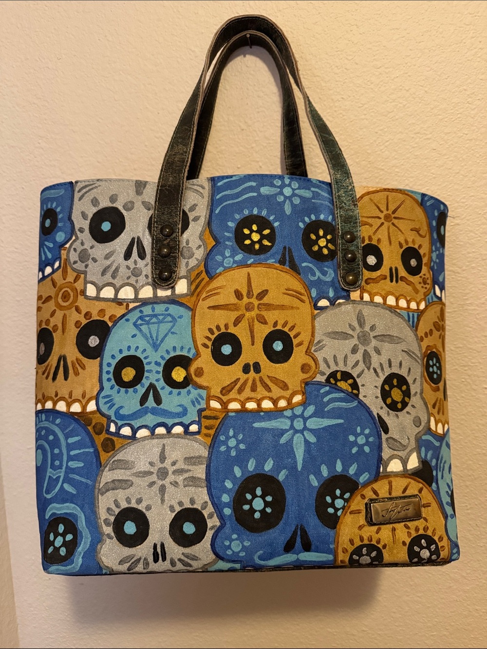 Fabulous Colorful Sugar Skull Vacuno Leather Tote Bag in Blue, Gold & Gray